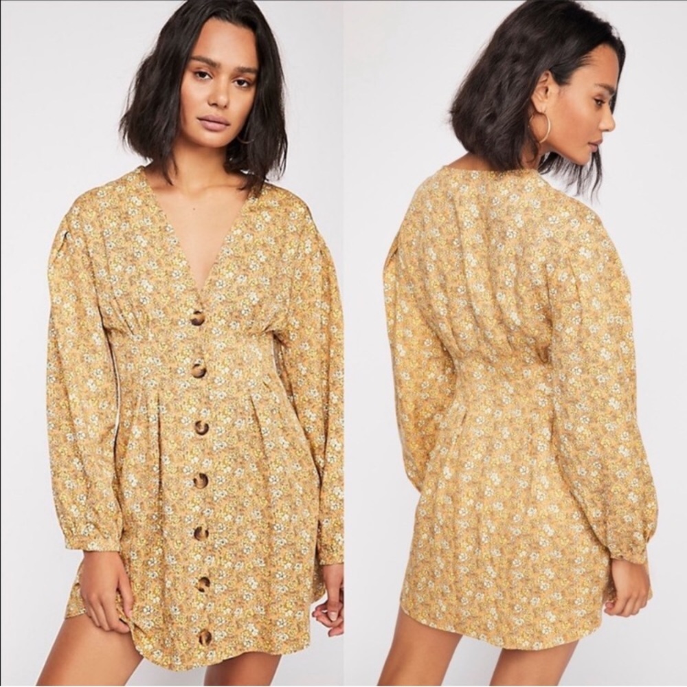 Free People Portobello Mini Dress Linen Blend Floral Button Front Yellow Damaged